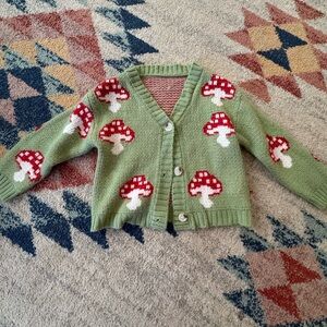 Green Cardigan with Red Mushroom Pattern